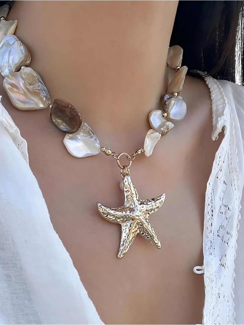 Gold Starfish Shell Choker Necklace - Iridescent Pearl - Picture 3 of 6